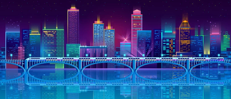 未来科技科幻霓虹灯渐变绚丽城市建筑夜景灯光插画AI/PSD设计素材100套【060】